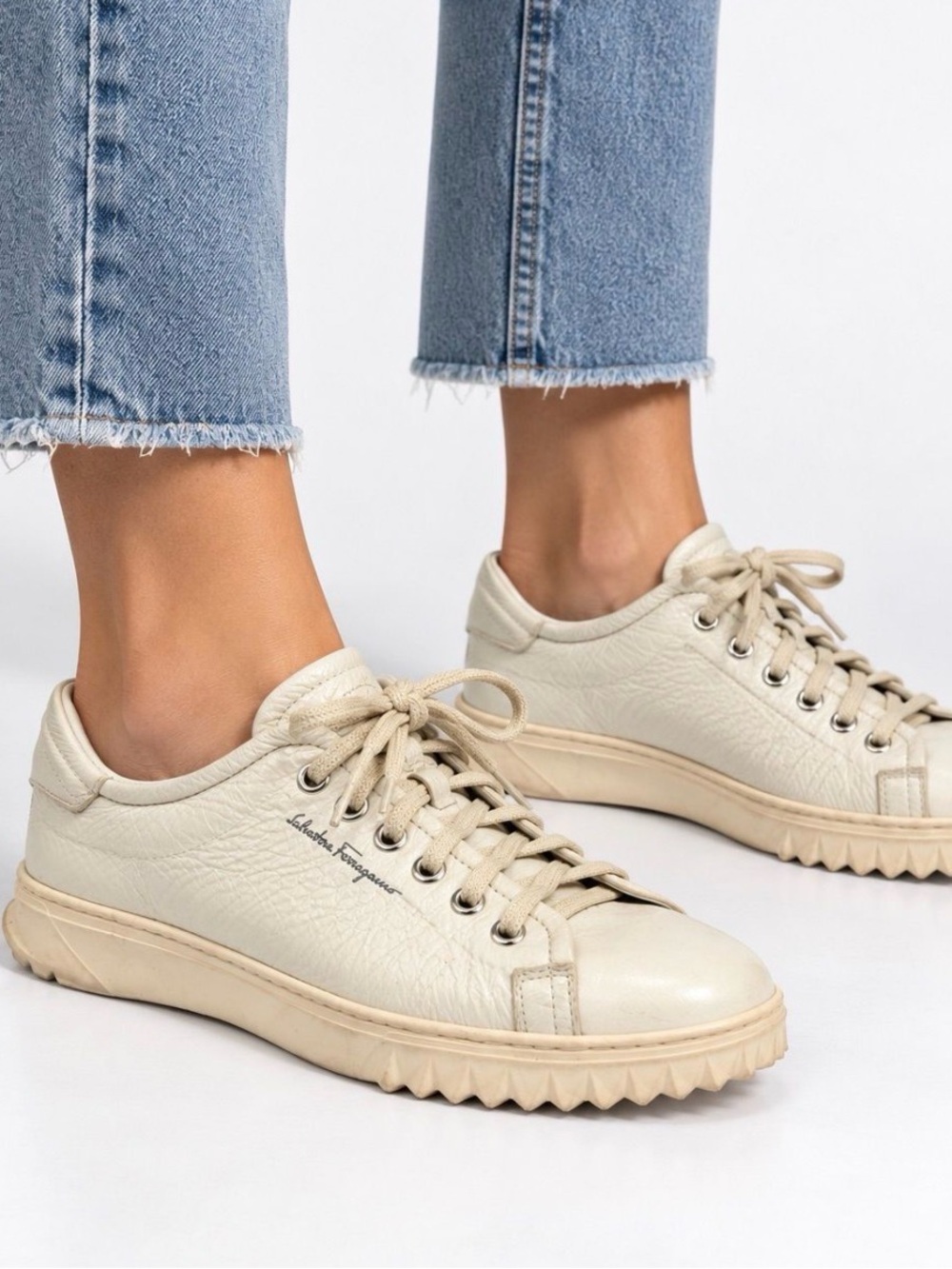 Salvatore Ferragamo Ivory patent Leather Low-Top Cube Sneakers Sz 10C